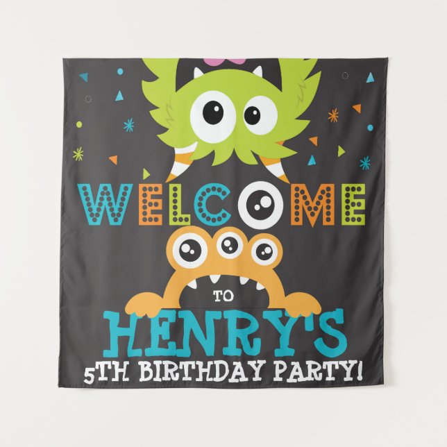 Tapiz Monster Birthday Party Personalizado fondo (Anverso)