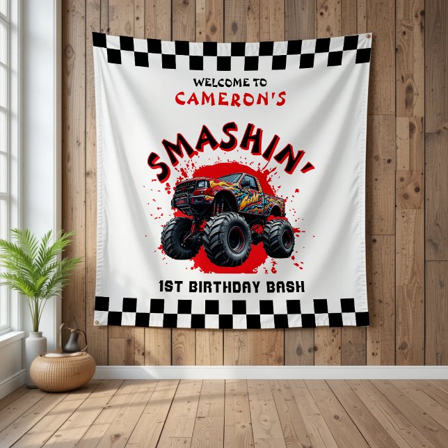 Tapiz Monster Truck Smash Checkered 1er cumpleaños Bienv (Monster Truck Smash Checkered 1st Birthday Welcome Tapestry
)