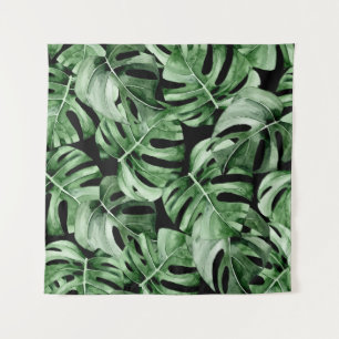 Tapiz Monstera Oscura: Impresión de acuarela tropical.