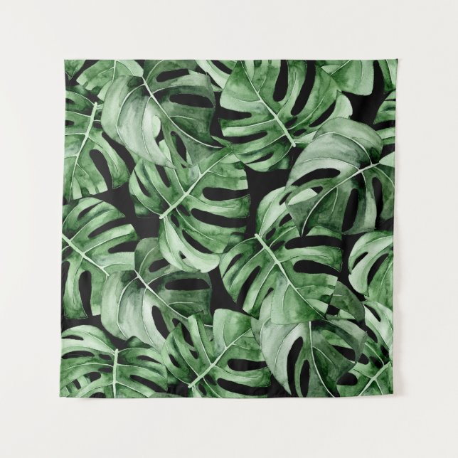 Tapiz Monstera Oscura: Impresión de acuarela tropical. (Anverso)