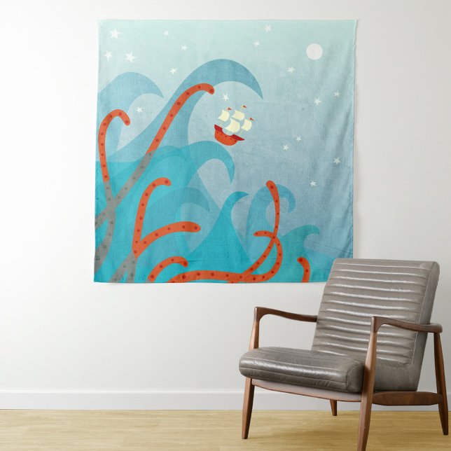 Tapiz Monstruo marítimo de barcos de vela (Sailing boat sea monster giant squid tapestry)