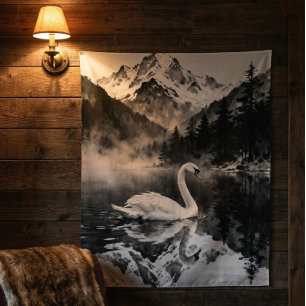 Tapiz Montaña del Lago de los Cisnes   Arte de tinta neg