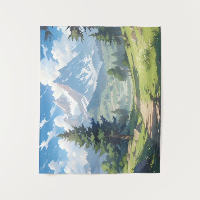 Tapiz Montañas cubiertas de nieve y frondosos bosques ve (Anverso)