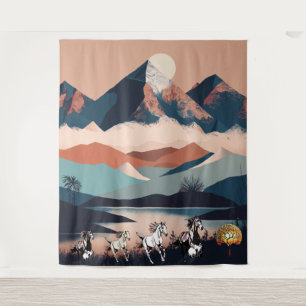Tapiz Montañas paisajísticas minimalistas y caballos de 