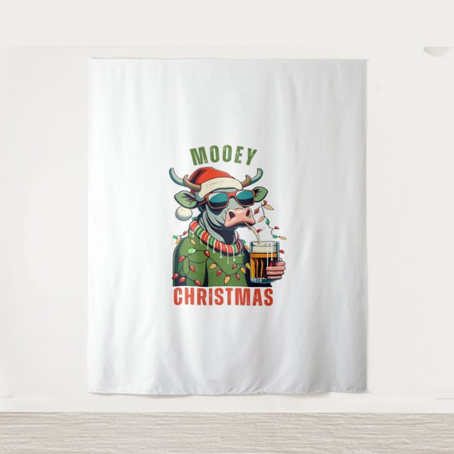 Tapiz Mooey Navidades Highland Cow Light Santa Hat T-Shi (Anverso)