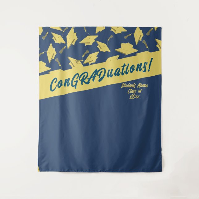 Tapiz Morteros de oro azul de la fiesta de graduación (Anverso)