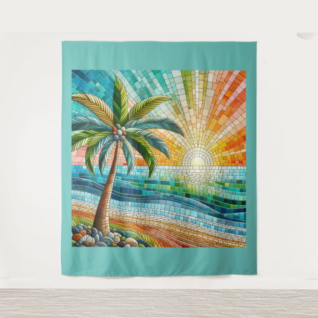Tapiz Mosaico Tropical Beach Sunset Palm Tree Lg (Anverso)