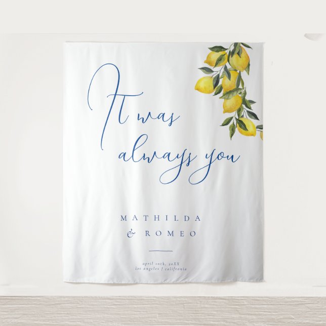 Tapiz Mosaicos azules mediterráneos y Bodas cítricos (Anverso)