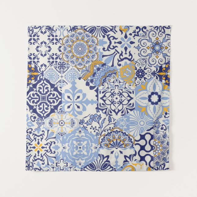 Tapiz mosaicos de azulejos azules. Parche colorido y tra (Anverso)