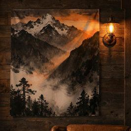 Tapiz Mountain Sunset Tapestry | Golden Light Ink Art 