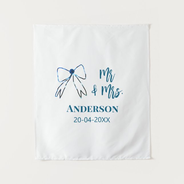 Tapiz Mr & Mrs agregar nombre fecha favor de boda lazo a (Anverso)