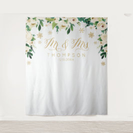 Tapiz Mr & Mrs floral winter snowflakes wedding banner