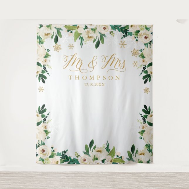 Tapiz Mr & Mrs floral winter wedding banner backdrop (Anverso)