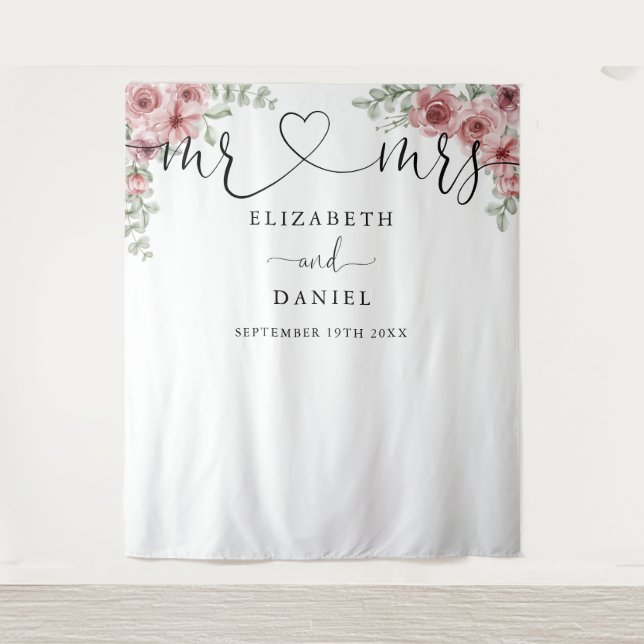 Tapiz Mr. Mrs. Script Floral Boda Photo Booth Backdrop (Anverso)