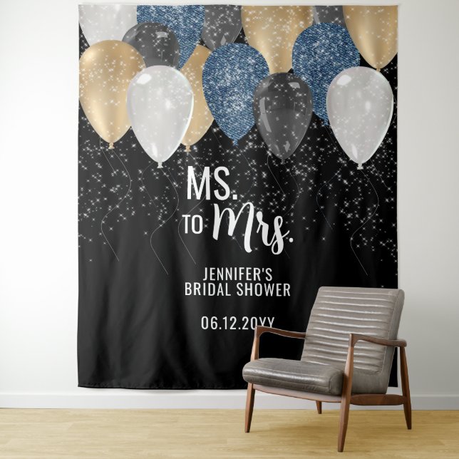 Tapiz Ms a Mrs Balloon Denim Bridal Shower Backdrop (In situ)