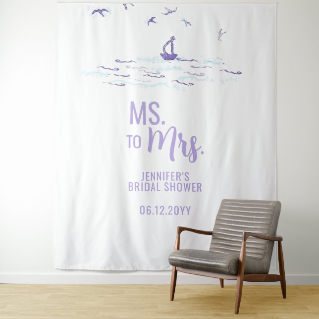 Tapiz Ms a Mrs Beach Boat Waves Blue Bridal Backdrop (In situ)