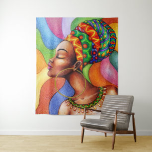 Tapiz Mujer africana con tejidos tradicionales de cera