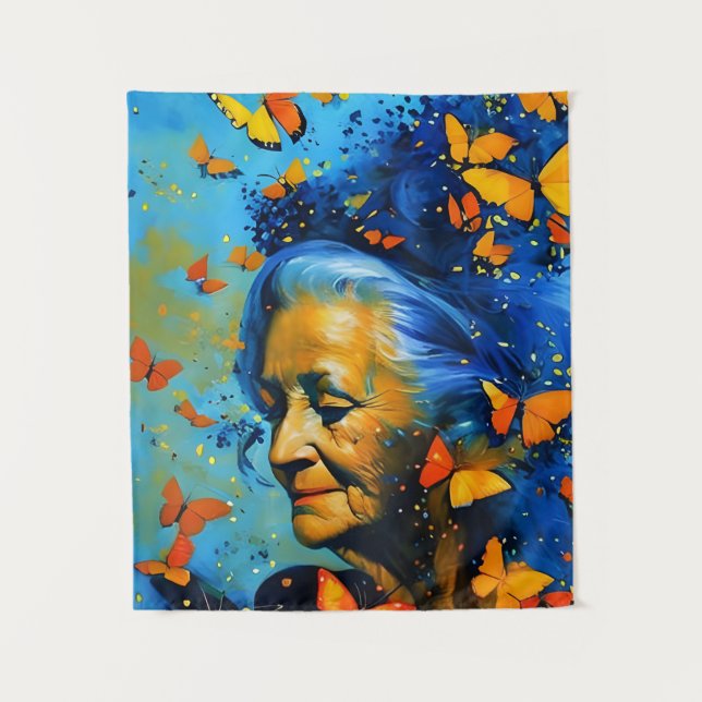 Tapiz Mujer Anciana Con Mariposas (Anverso)