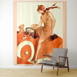 Tapiz Mujer, coche y perro de los años 20