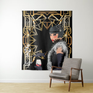 Tapiz Mujer de moda retro con vaso de vino