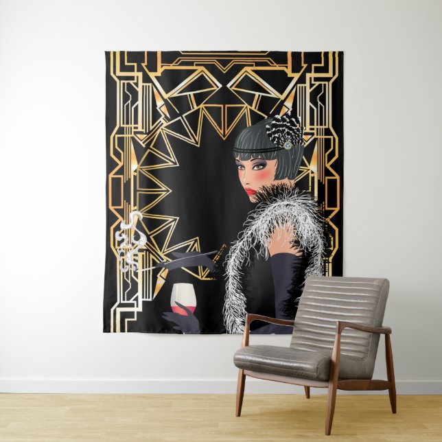 Tapiz Mujer de moda retro con vaso de vino  (In situ)