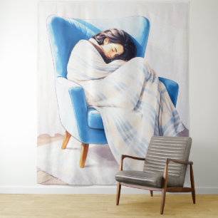 Tapiz Mujer durmiendo en sillón azul con manta acogedora