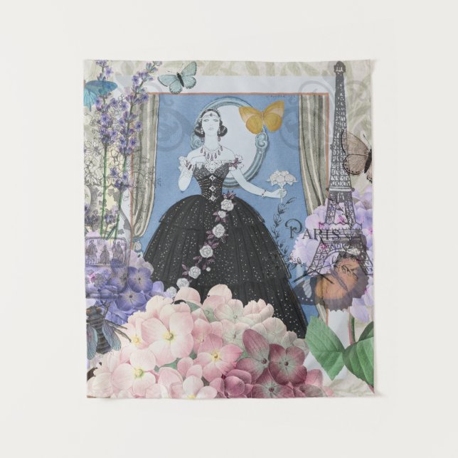 Tapiz Mujer elegante azul vestido floral de fantasía (Anverso)