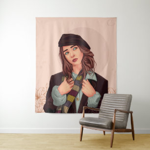 Tapiz Mujer elegante con boina, ilustración de pañuelo c