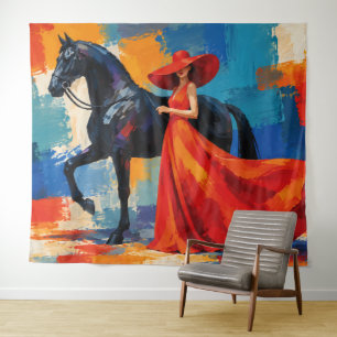 Tapiz Mujer elegante en rojo con caballo negro
