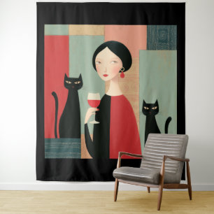 Tapiz Mujer Elegante Gatos Negros y Vino