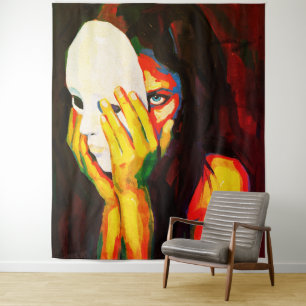 Tapiz Mujer Misteriosa Sosteniendo Máscara Arte Dramátic