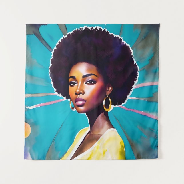 Tapiz Mujer negra con el cabello afro Melanin Queen Art (Anverso)