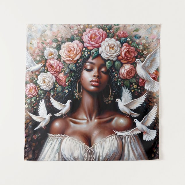 Tapiz Mujer negra con palomas y flores (Anverso)