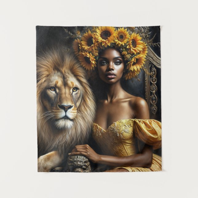 Tapiz Mujer Negra Girasol Con León (Anverso)