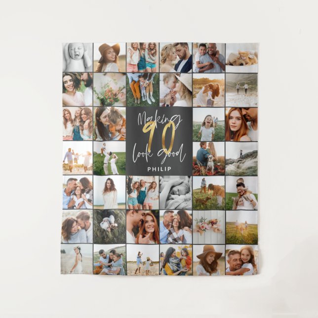 Tapiz multi foto moderno cumpleaños 90 (Anverso)