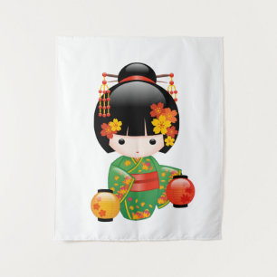 Tapiz Muñeca Kokeshi Caída - Chica de Kimono Verde Geish
