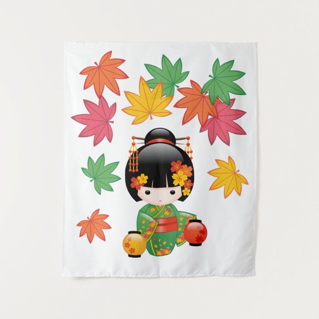 Tapiz Muñeca Kokeshi Caída - Chica de Kimono Verde Geish (Anverso)