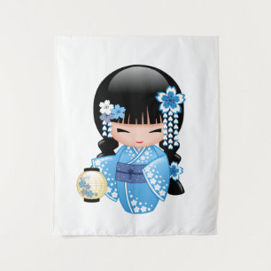 Tapiz Muñeca Kokeshi de Invierno - Geisha con Kimono Azu