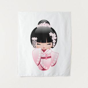 Tapiz Muñeca Kokeshi de Kimono Rosa Kawaii
