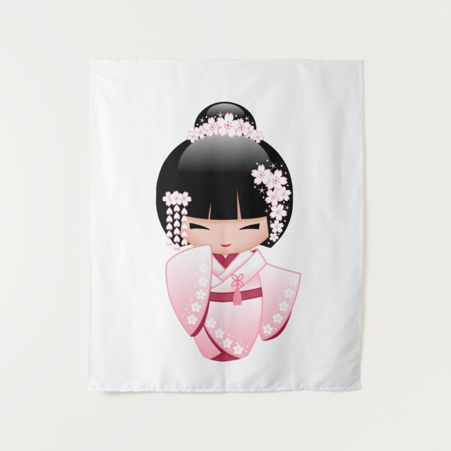 Tapiz Muñeca Kokeshi de Kimono Rosa Kawaii (Anverso)