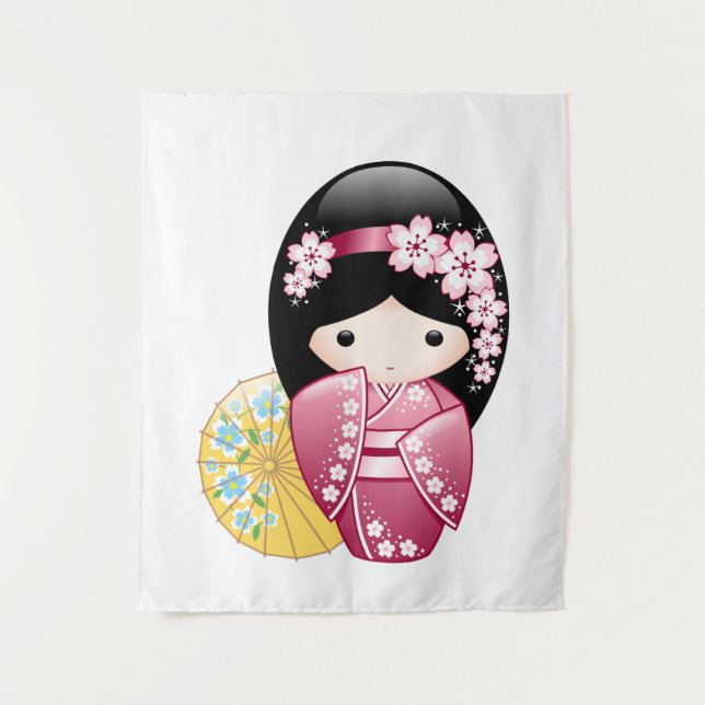 Tapiz Muñeca Kokeshi de primavera - Chica Geisha japonés (Anverso)