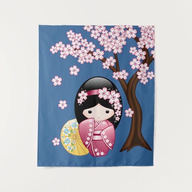 Tapiz Muñeca Kokeshi de primavera - Chica Geisha japonés (Anverso)