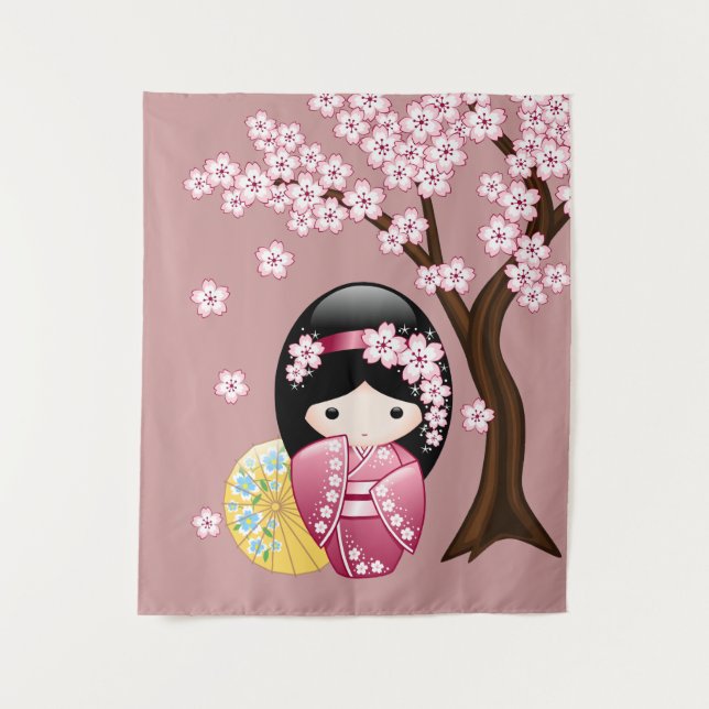 Tapiz Muñeca Kokeshi de primavera - Chica Geisha japonés (Anverso)