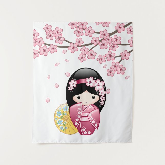 Tapiz Muñeca Kokeshi de primavera - Chica Geisha japonés (Anverso)