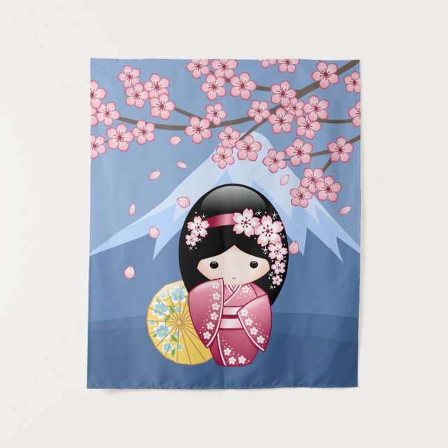 Tapiz Muñeca Kokeshi de primavera - Chica Geisha japonés (Anverso)