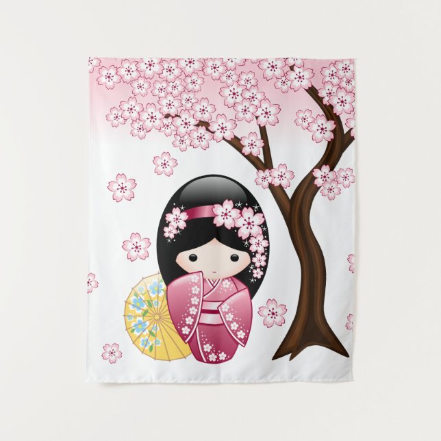 Tapiz Muñeca Kokeshi de Primavera - Lindo Geisha Japones (Anverso)