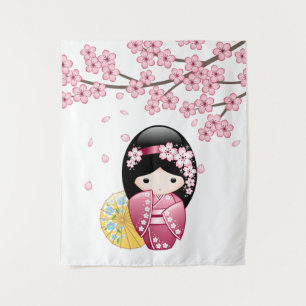 Tapiz Muñeca Kokeshi de Primavera - Lindo Geisha Japones