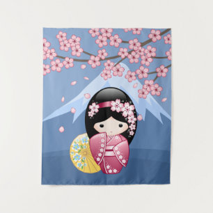 Tapiz Muñeca Kokeshi de Primavera - Lindo Geisha Japones
