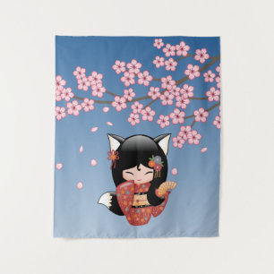 Tapiz Muñeca Kokeshi Kitsune - Chica Geisha Zorro Negro