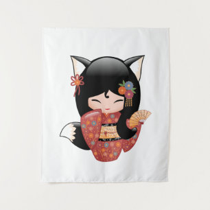 Tapiz Muñeca Kokeshi Kitsune - Chica Geisha Zorro Negro